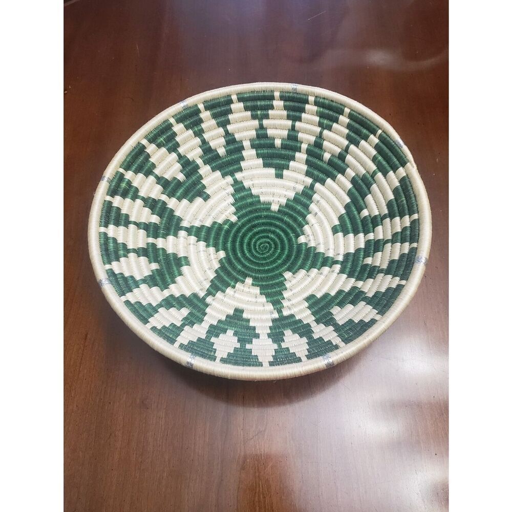 AFRICAN WALL BASKET Hand Woven Rwanda Bowl Green Cream
